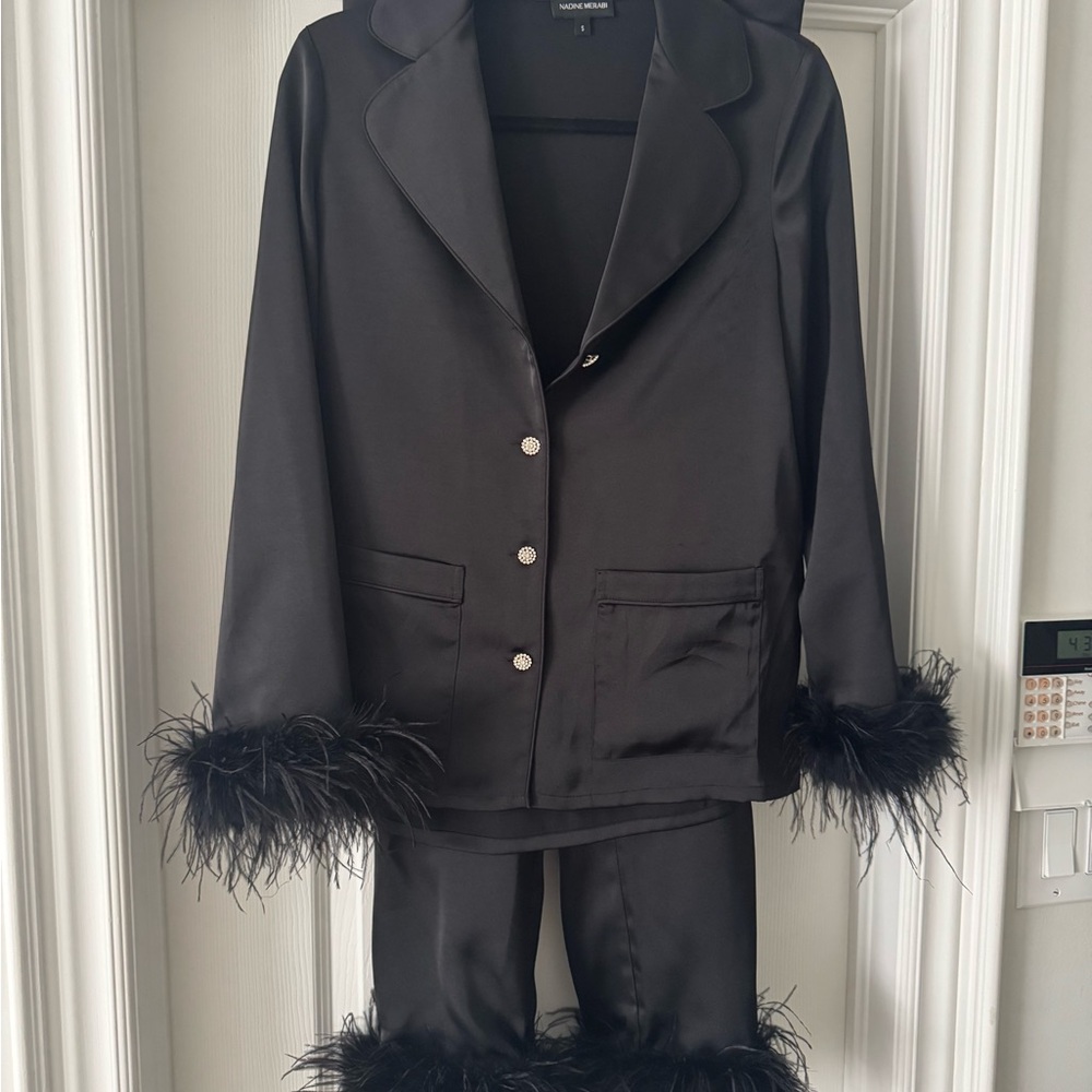 Nadine Merabi Black Feather Trim Pajama Set